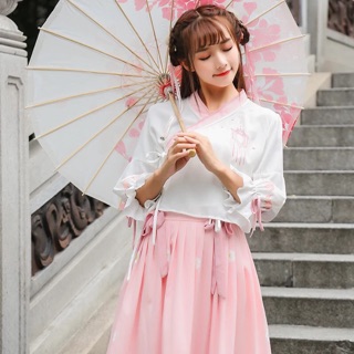 Set đồ cổ trang cách tân 2019, trắng hồng hanfu