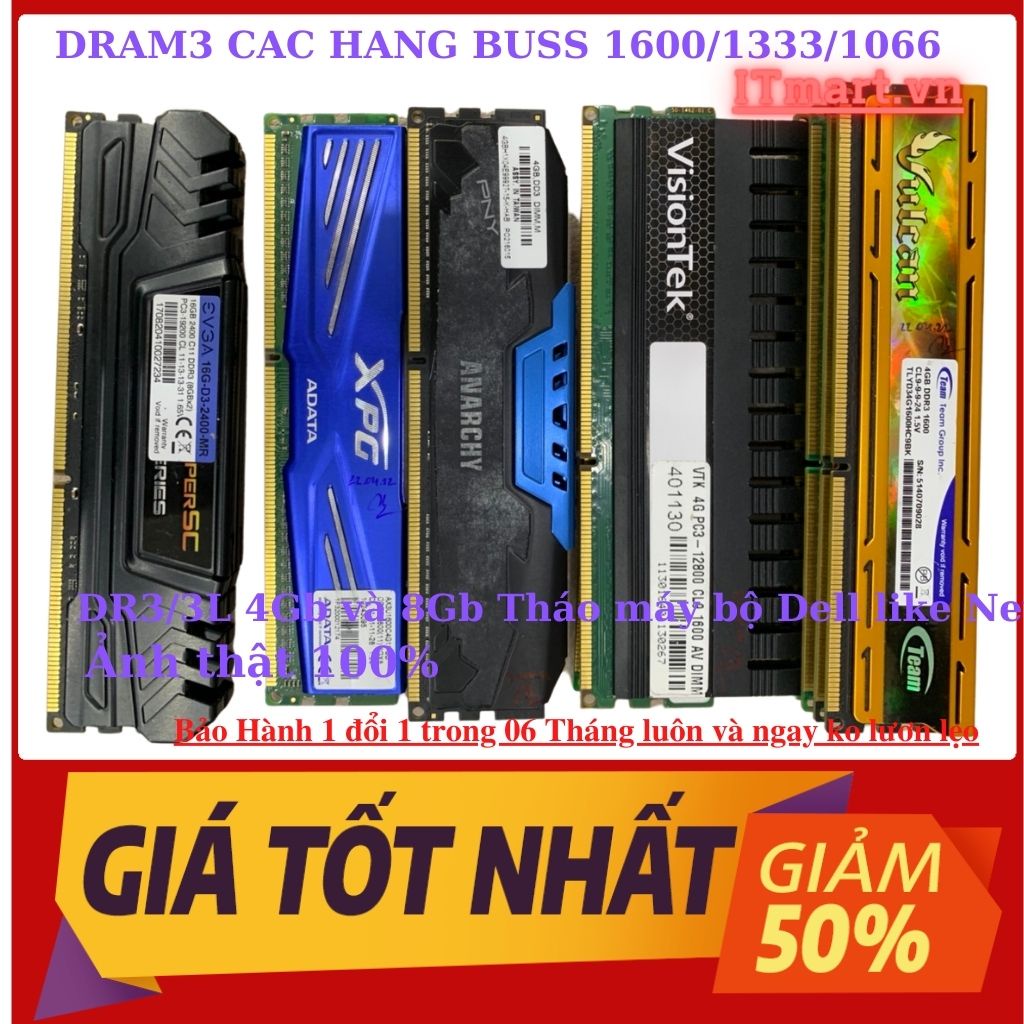 Ram PC DDR3/DDR3L, 8Gb 4Gb bus 1600Mhz- ram tháo máy đồng bộ HP,Dell,IBM chuẩn Mỹ, bảo hành 3 năm