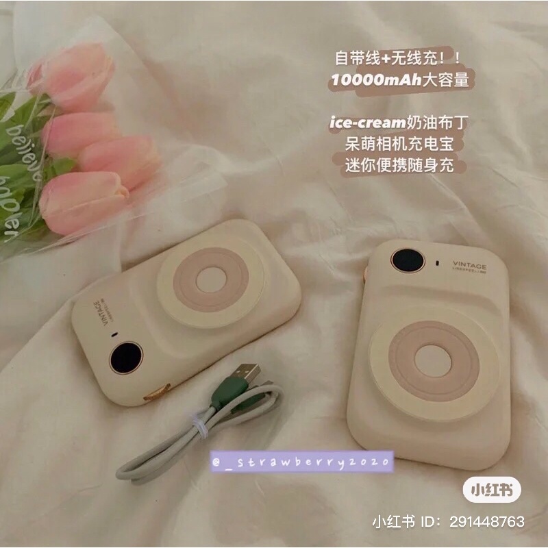 Sạc pin dự phòng không dây có hai dây cắm màu pastel