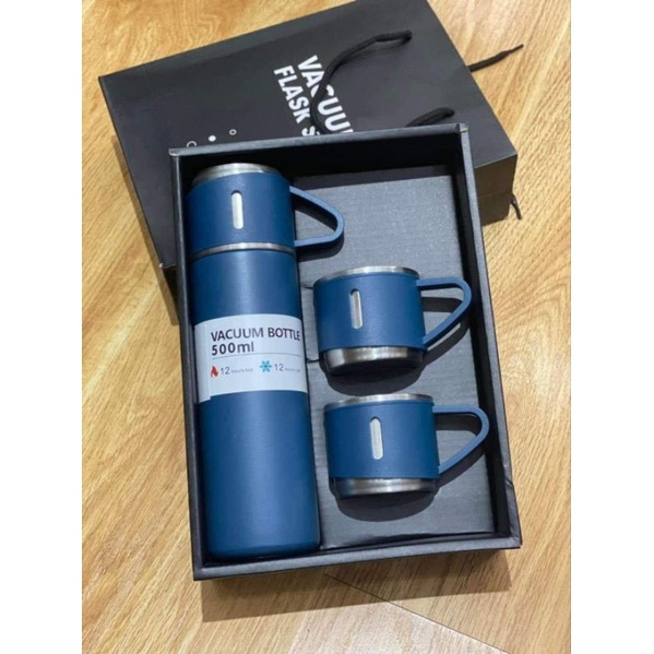 Bình giữ nhiệt cao cấp 500ml lõi inox cao cấp tặng kèm 2 cốc, fullbox làm quà tặng sang trọng