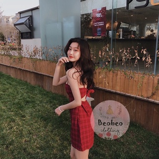 [Ảnh thật] Đầm 2 dây caro đỏ thắt nơ lưng dễ thương