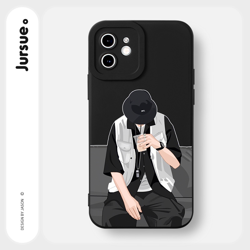 Ốp điện thoại JURSUE đen in hoạt hình thích hợp cho iPhone 14 13 12 11 Pro Max SE 2020 X XR XS 8 7 ip 6S 6 Plus Y2208