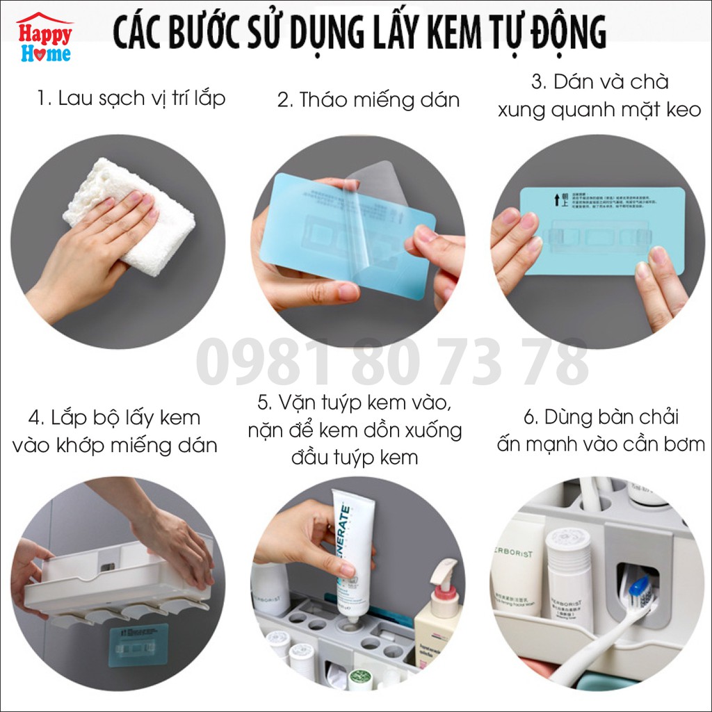 Bộ dụng cụ lấy kem đánh răng tự động kèm giá treo bàn chải khô ráo treo tường gọn gàng (Kèm 2 cốc)