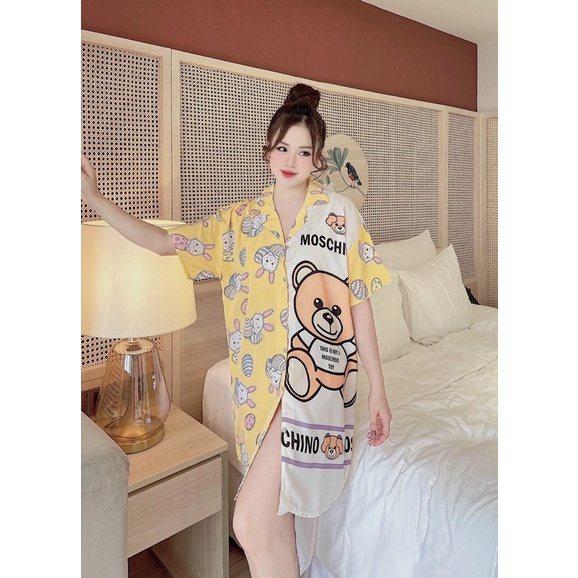 Đầm váy ngủ mặc nhà Lụa phom rộng cổ sơ mi cao cấp (mẹ bầu | sau sinh bon chen thoải mái) dưới 72kg
