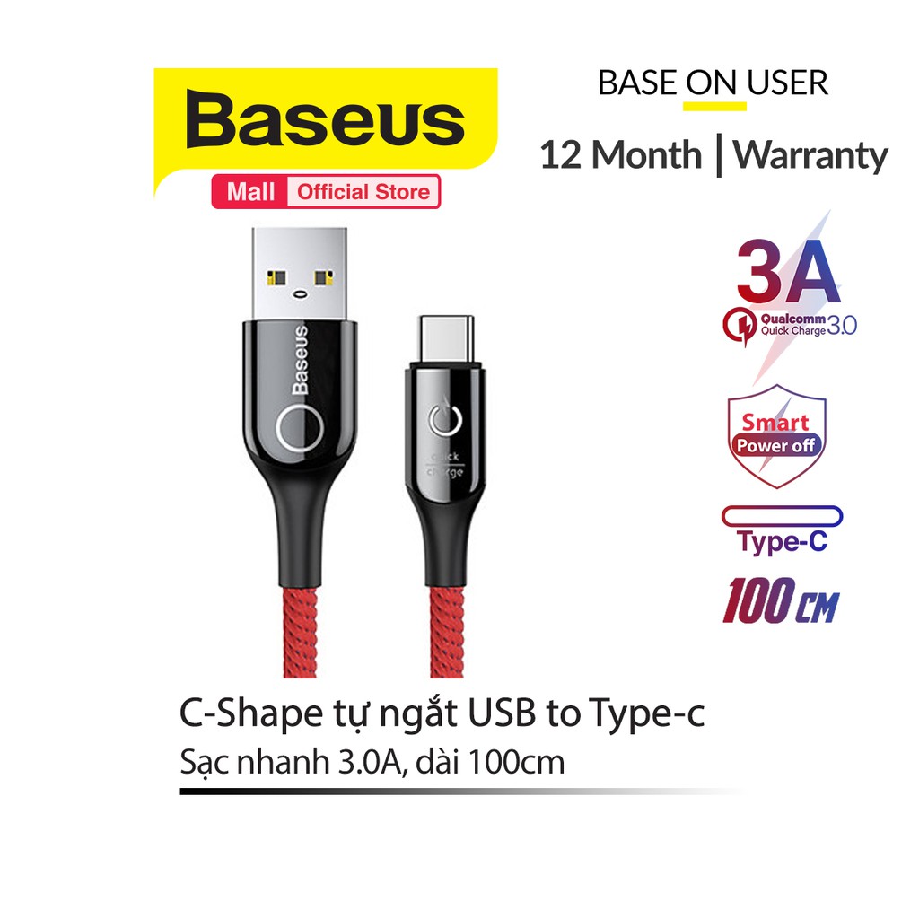Cáp sạc Baseus Type C tự ngắt C Shape cho Smart phone - Table (3A, Sạc nhanh QC 3.0 )