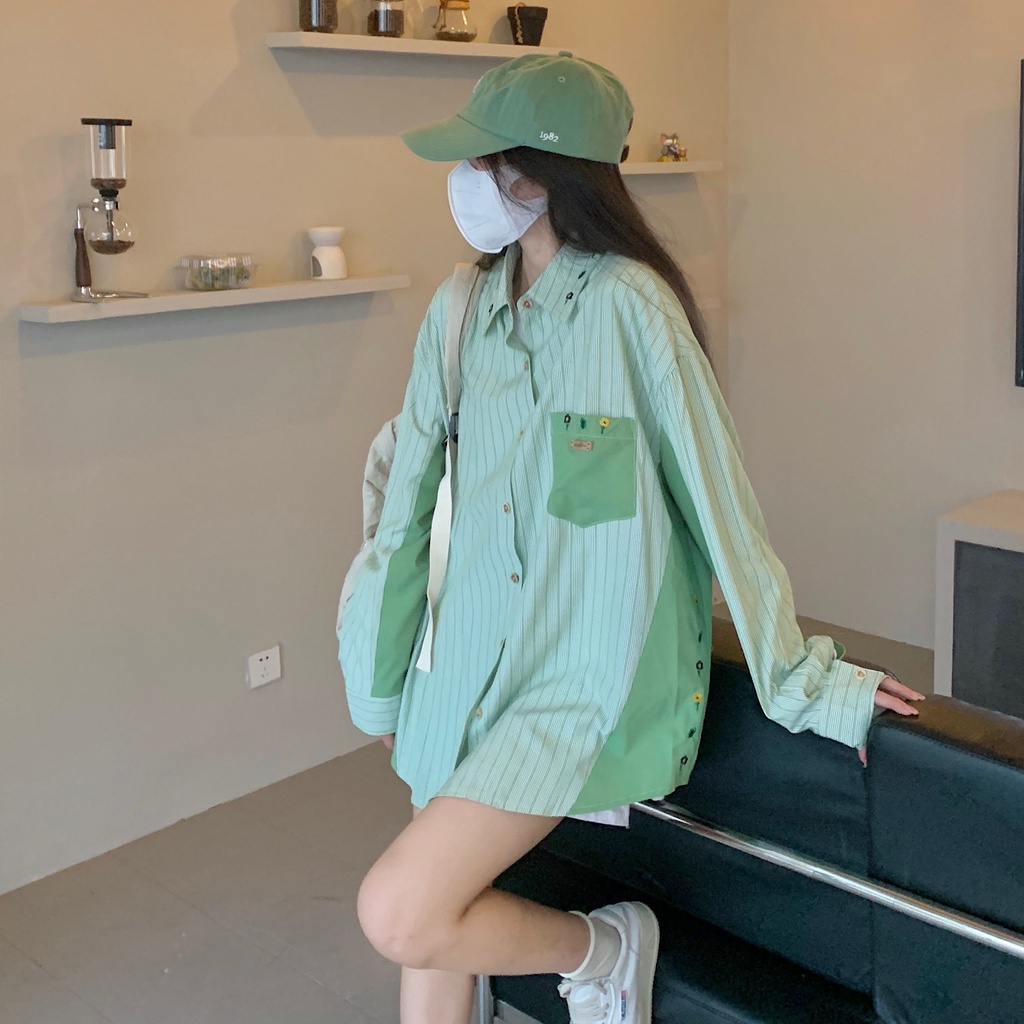 Áo Sơ Mi Nữ Dài Tay Cổ Bẻ Form Rộng Họa Tiết Sọc Vintage Thời Trang