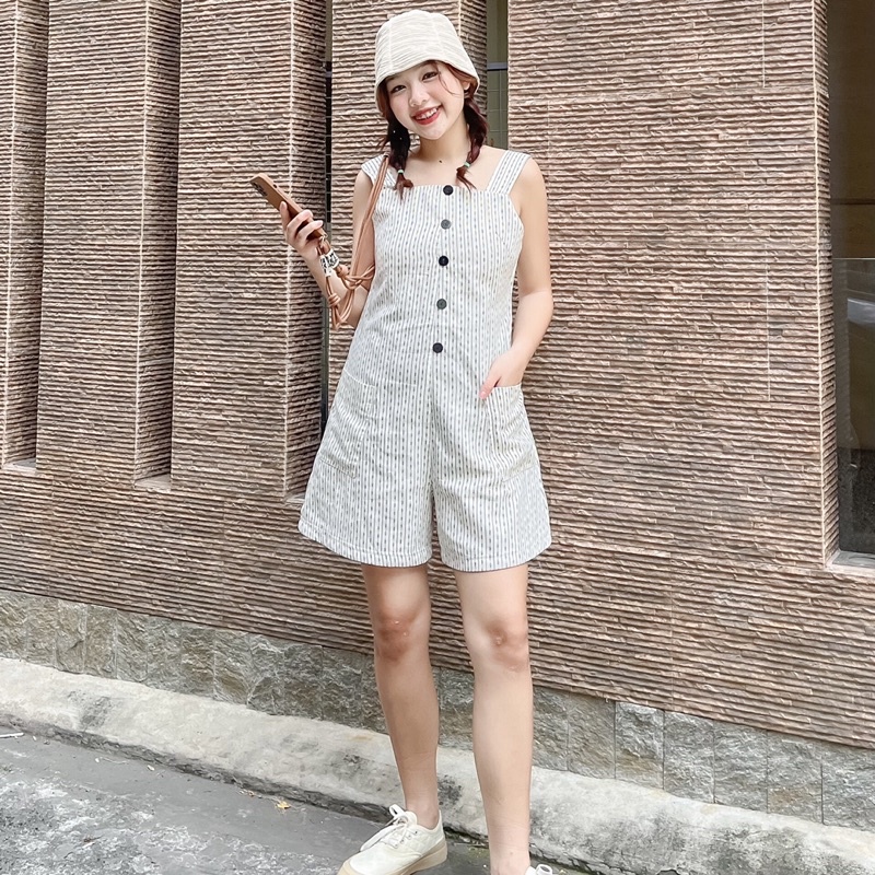 Jump Nữ, Jumpsuit Hai Dây Kẻ Sọc Hoạ Tiết Kẻ Sọc Độc Đáo Có Khoá Kéo Tiện Lợi Phong Cách Năng Động - Kichi Jumsuit