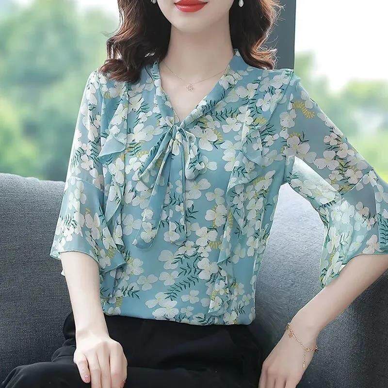 Áo Sơ Mi Chiffon Tay Lỡ 3 / 4 In Hoa Thời Trang Công Sở Cho Nữ