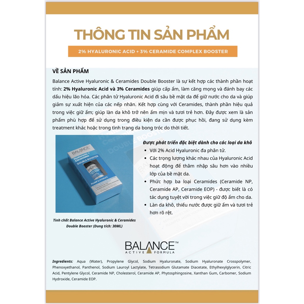 Tinh chất cấp nước dưỡng ẩm Balance Active Hyaluronic Ceramides Double Booster 30ml