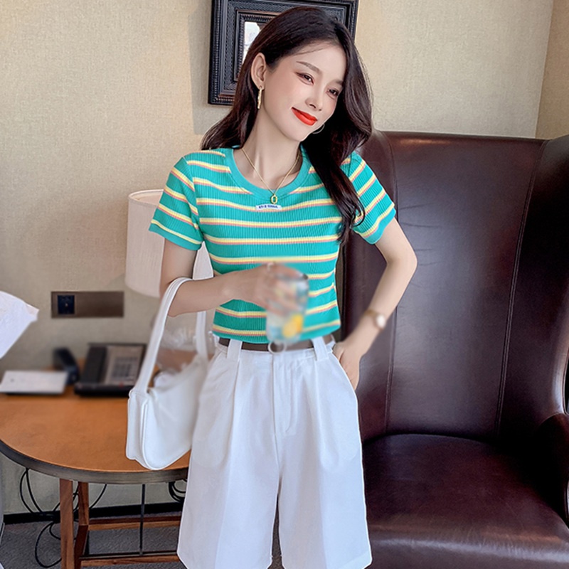 Áo Thun Dệt Kim Tay Ngắn Cổ Tròn Kẻ Sọc Màu Cầu Vồng Dễ Thương Cho Nữ