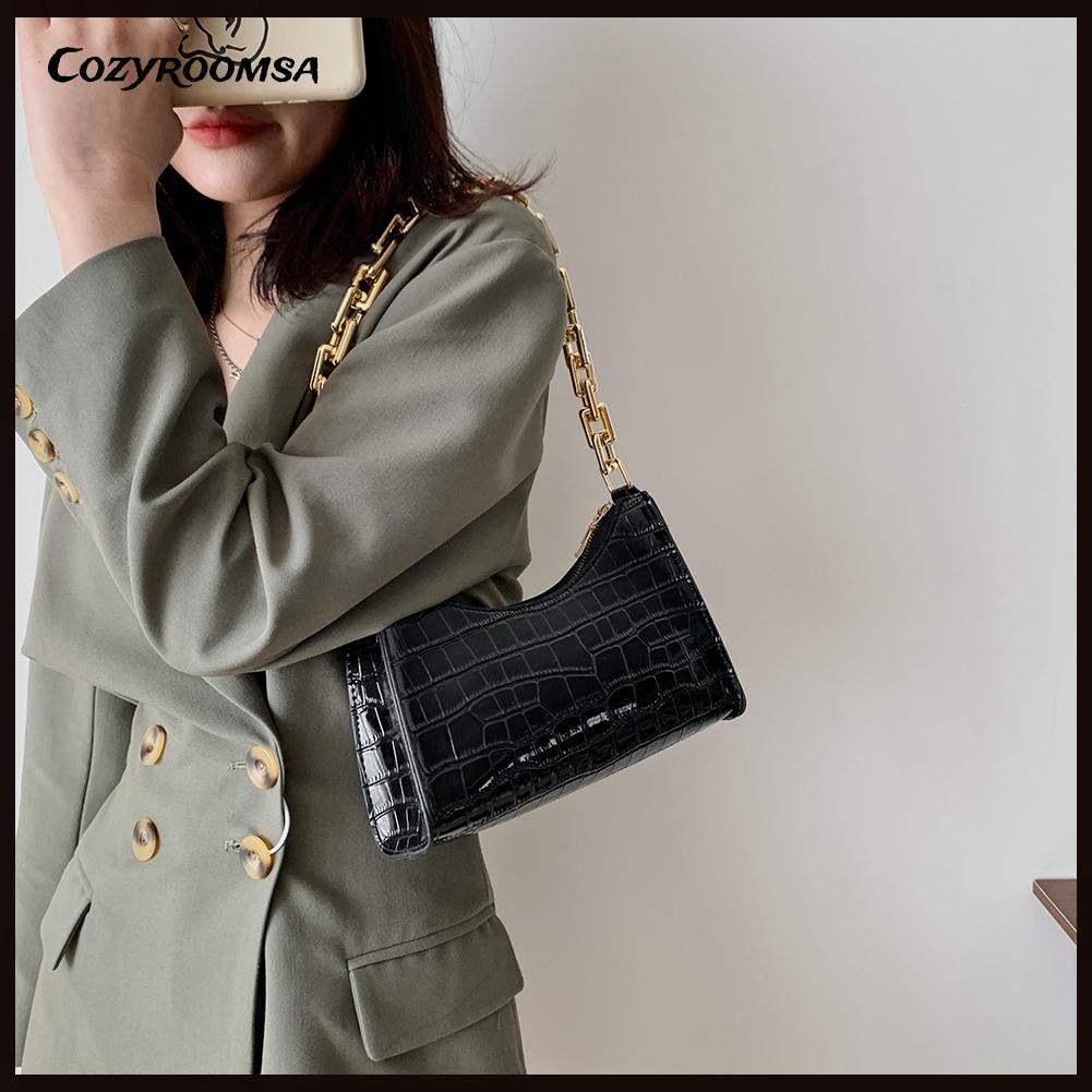 Túi xách kẹp nách da Pu họa tiết da cá sấu màu trơn phối dây xích thời trang cho nữ