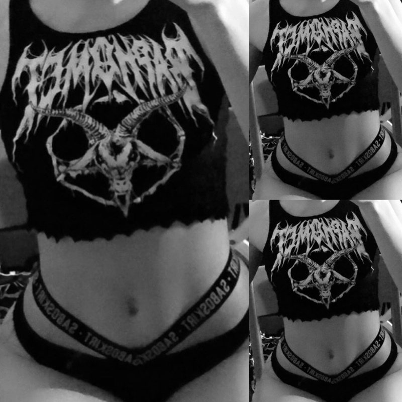 Xiangbao Áo Crop Top Dệt Kim Ôm Dáng Không Tay In Hình Dê Phong Cách Gothic Punk Gothic Harajuku Màu Đen Cho Nữ Ve
