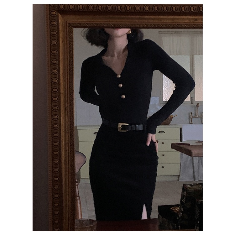 Áo thun COZOK dệt kim tay dài cổ chữ V xếp ly phong cách vintage