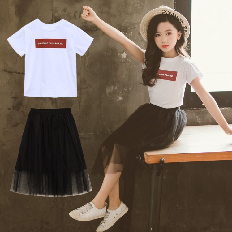 Short sleeve t-shirt set + Korean style mesh skirt, lovely fashion for girls