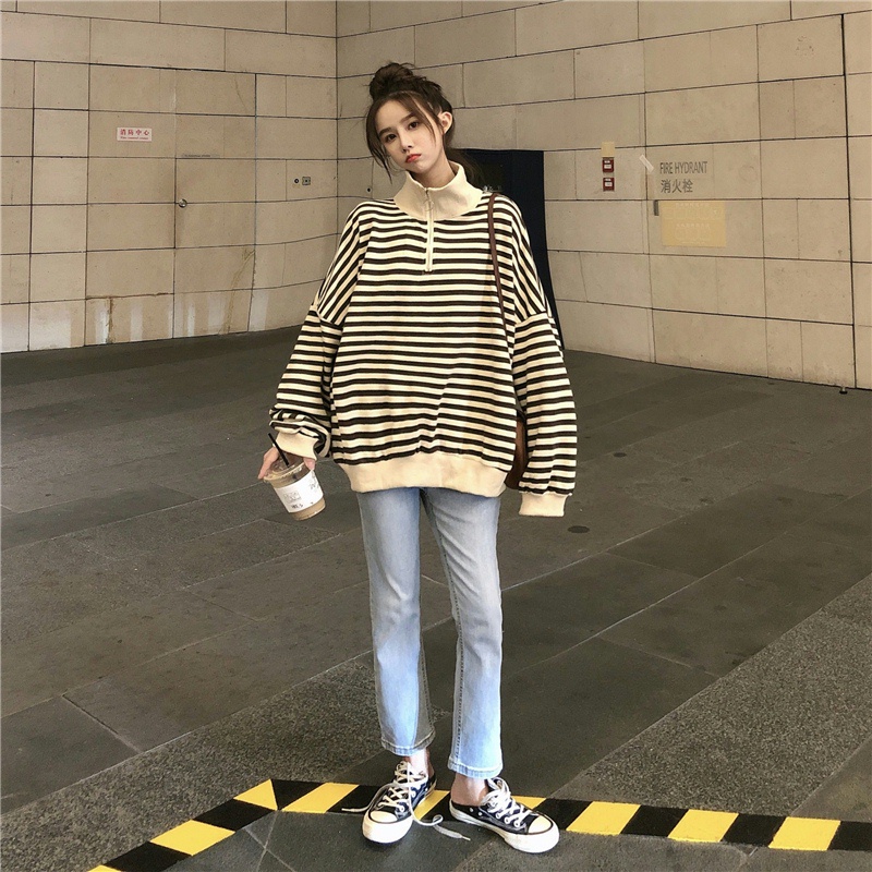 Áo sweater tay dài cổ bẻ kẻ sọc caro phối khóa kéo kiểu Hàn Quốc cá tính | BigBuy360 - bigbuy360.vn