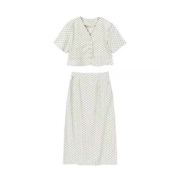 Set áo croptop chân váy midi chấm bi xanh