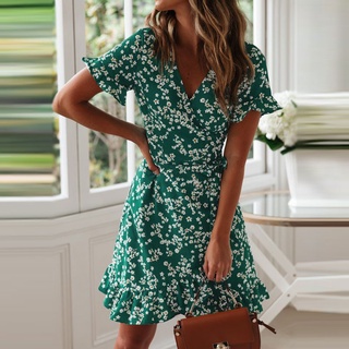 Váy Nữ Mùa Hè 2023 Gợi Cảm Cổ Chữ V In Hoa Boho Đi Biển Đầm Ruffle Tay Ngắn Chữ A Mini Đầm Sundress Áo choàng