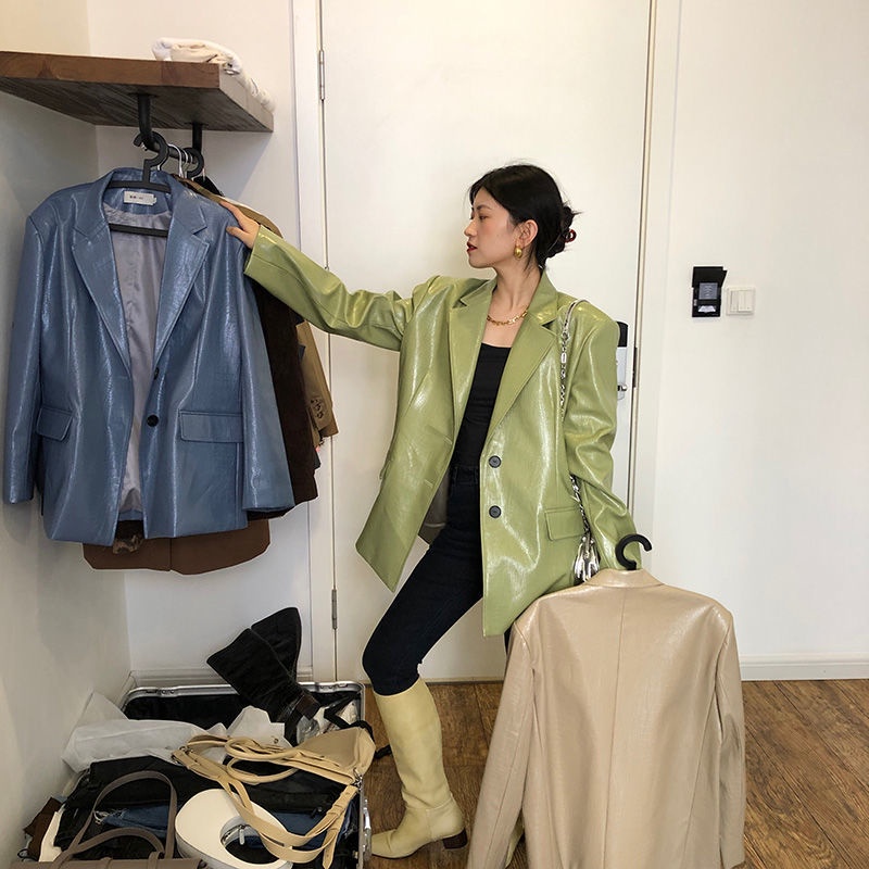 Women's suit coat 2020 autumn and winter New Korean style haze blue crocodile pattern casual handsome leather coat three-color loose fashionable suit coat western outer