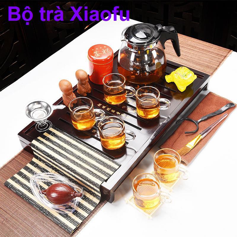 Bộ ấm trà dùng trong gia đình, chén nhỏ màu tím cát tường, chén, khay bằng gỗ nguyên khối, gốm sứ Kung Fu, ph