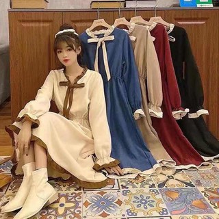 G38. 233. đầm nhung xoè tay dài bo eo buộc nơ cổ