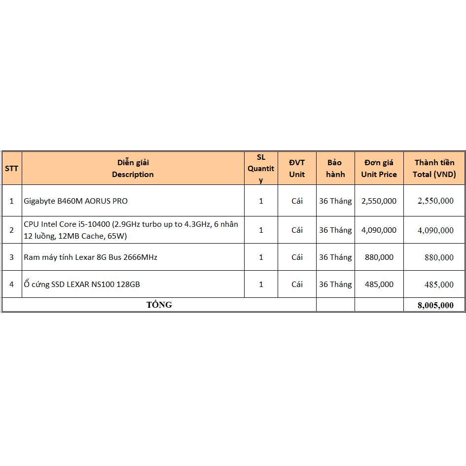 Bộ linh kiện máy tính 10400 box - ram 8Gb - ssd 128gb