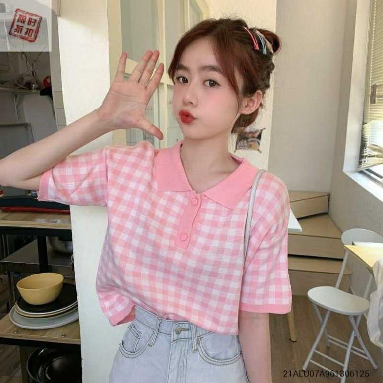 123 Áo len nữ tay ngắn cổ bẻ caro ulzzang thời trang nữ Fmstyle Saigon 21ALU07A961306