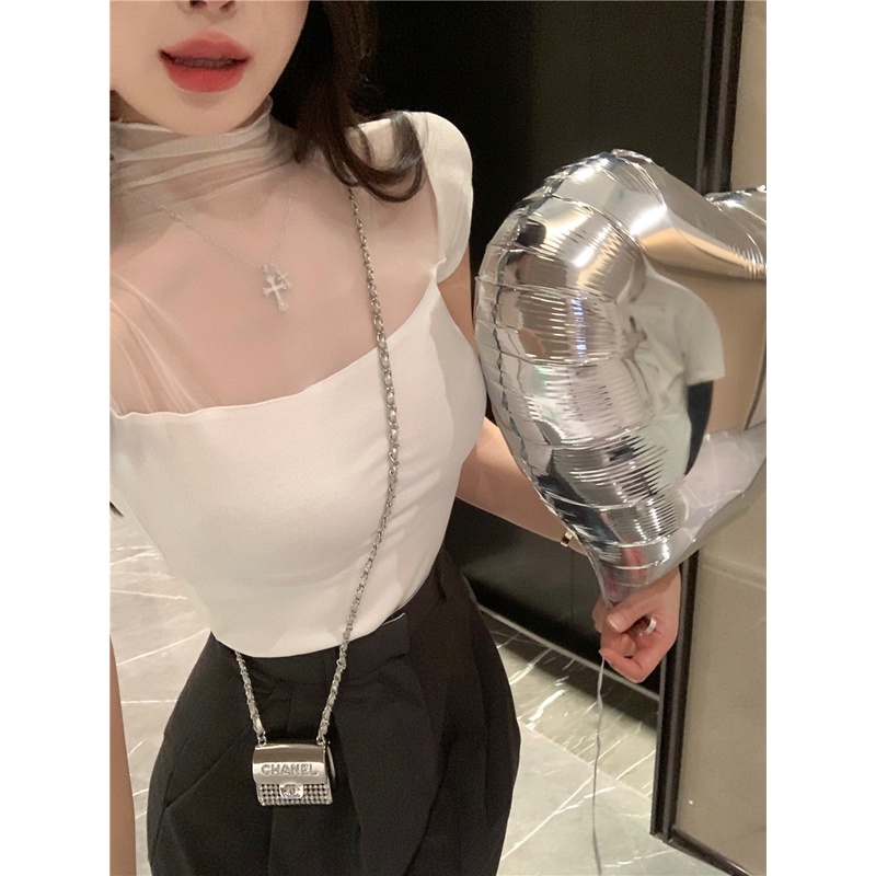 Cocory vn Áo Thun Tay Ngắn Cổ Lọ Phối Lưới Thời Trang Mùa Hè Quyến Rũ Cho Nữ