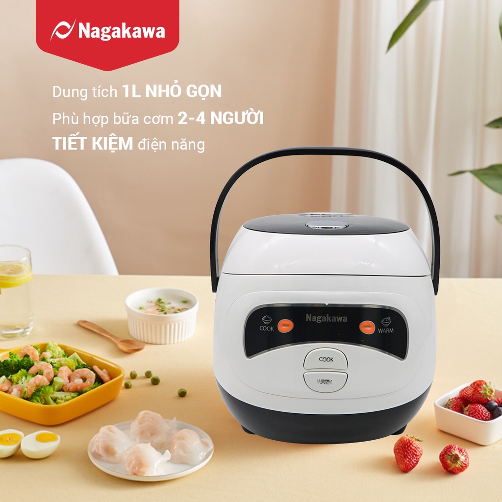 Nồi cơm điện 1L Nagakawa NAG0134 (400W) - Lòng nồi dạng niêu chống dính - Bảo hành 12 tháng - Màu sắc: Đen Trắng