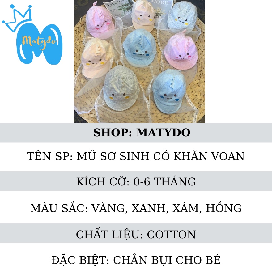 Mũ cho bé sơ sinh có khăn voan che mặt nón chống dịch chống bụi cho trẻ đi tiêm phòng an toàn hình mặt cười 0-6 tháng
