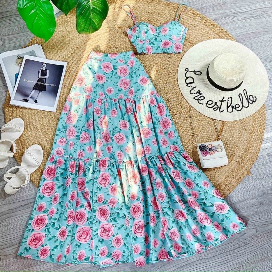 [8.8 Sales Freeship] Set váy maxi hoa đi biển nhiều màu sắc, áo 2 dây hoa có mút + chân váy dài đuôi cá xòe siêu xinh