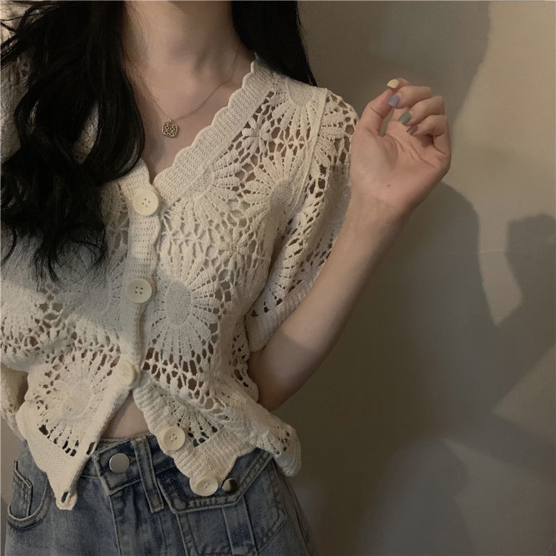 Áo Khoác Cardigan Tay Ngắn Màu Trơn Phối Ren Thời Trang Cho Nữ