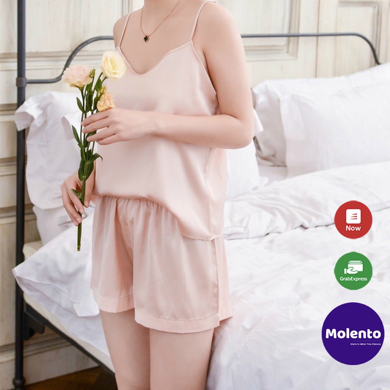 Bộ ngủ 2 dây lụa cao cấp, bộ đồ ngủ nữ lụa pijama lụa đùi mặc nhà nhẹ nhàng thoải mái MOLENTO - X20 | BigBuy360 - bigbuy360.vn