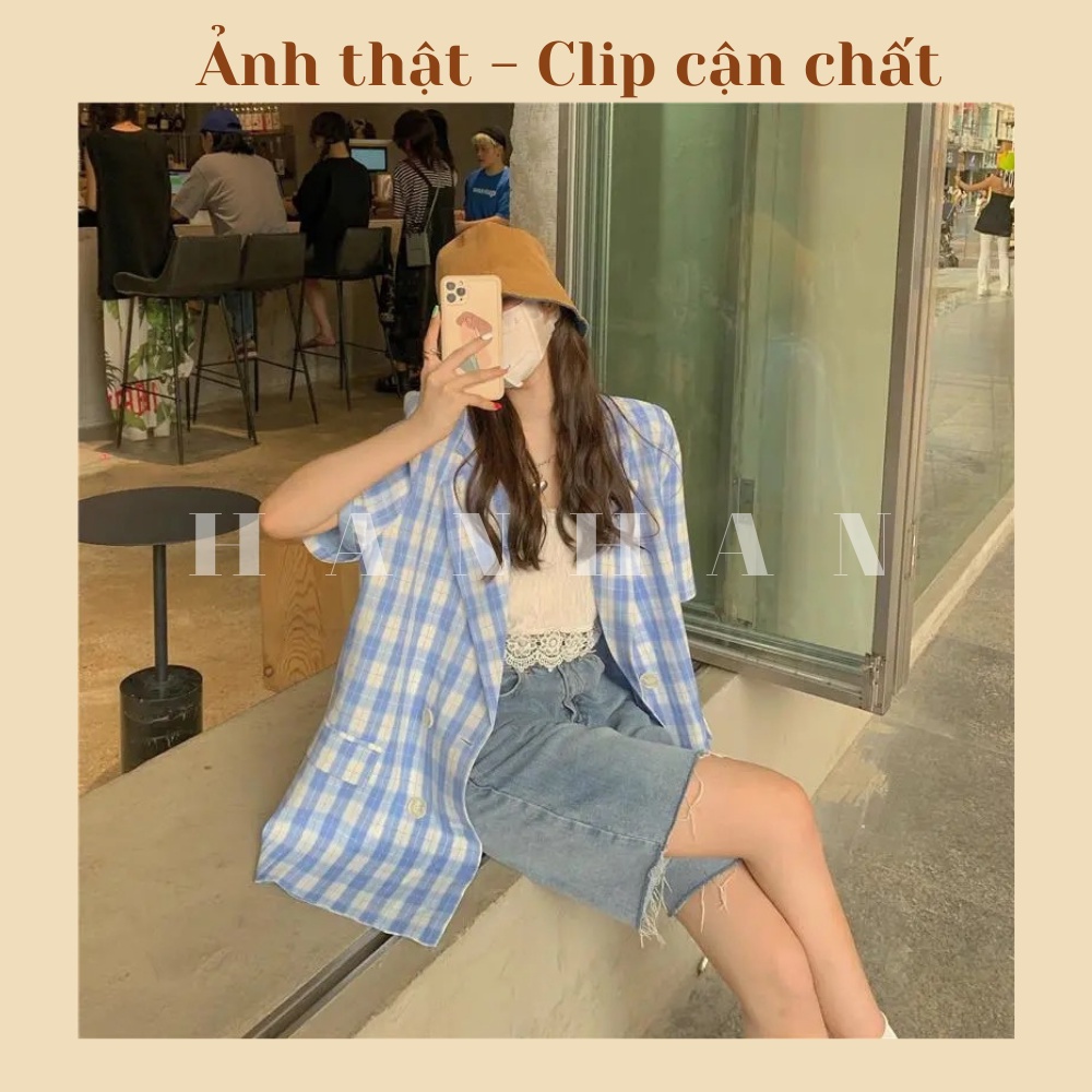 Áo blazer ngắn tay kẻ xanh phong cách Hàn Quốc