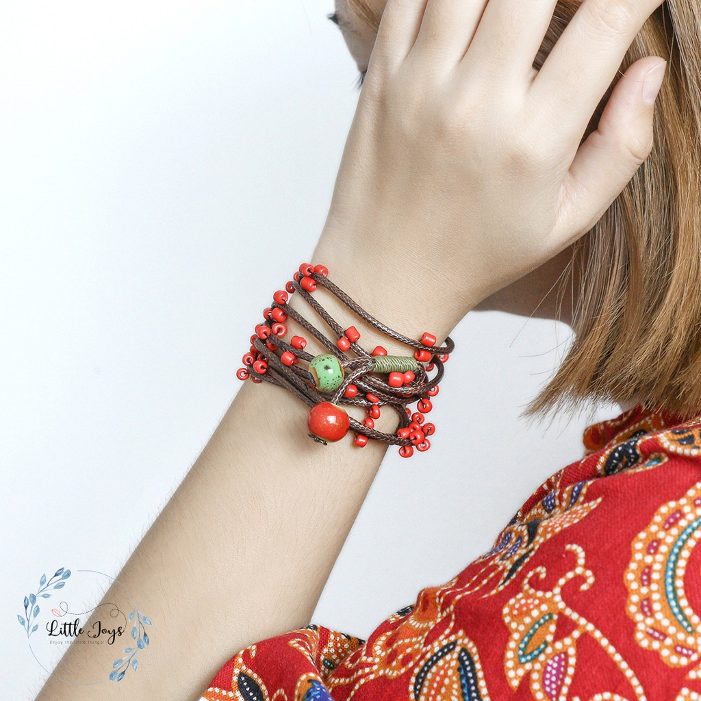 Vòng tay nhiều lớp phong cách Bohemian vòng tay hoa đỏ li ti