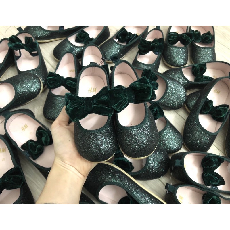 Giày Búp Bê Kim Sa Lấp Lánh Quai Chun Đính Nơ Nhung Cho Bé Gái Size Nhí 18/19 - 25