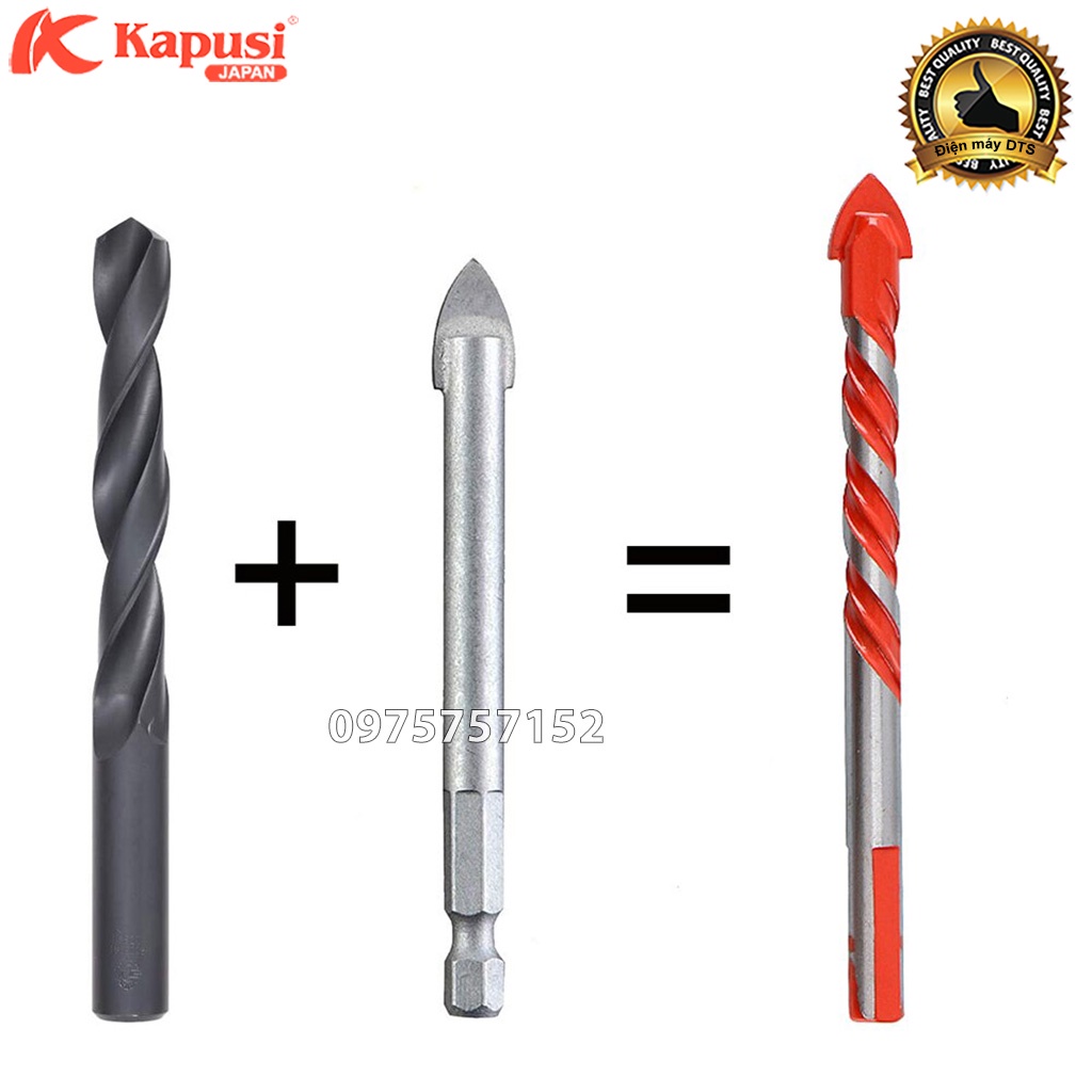 Bộ 7 mũi khoan đa năng 2 cạnh Kapusi Japan chân tam giác 3/4/5/6/8/10/12mm phù hợp khoan các chất liệu kính sắt bê tông