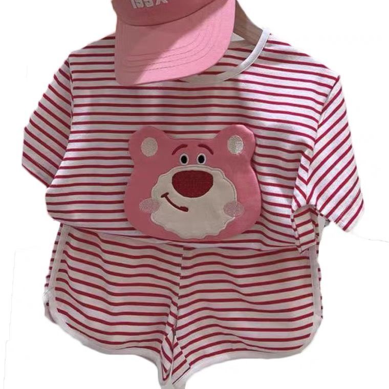 Set Áo Thun Tay Ngắn Kẻ Sọc In Hoạt Hình Phối Quần Short Thời Trang Hè Hàn Quốc 2023 Cá Tính Cho Bé Gái