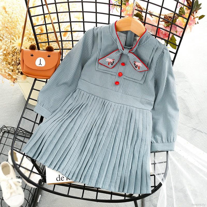 Đầm tay dài hoạ tiết kẻ sọc phong cách Retro cho bé gái