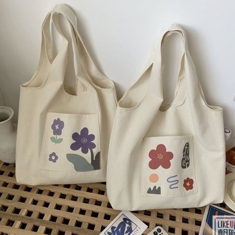 Túi đeo vai vải canvas liền thân có ngăn ngoài hoạ tiết hoa lá Superbag668 283