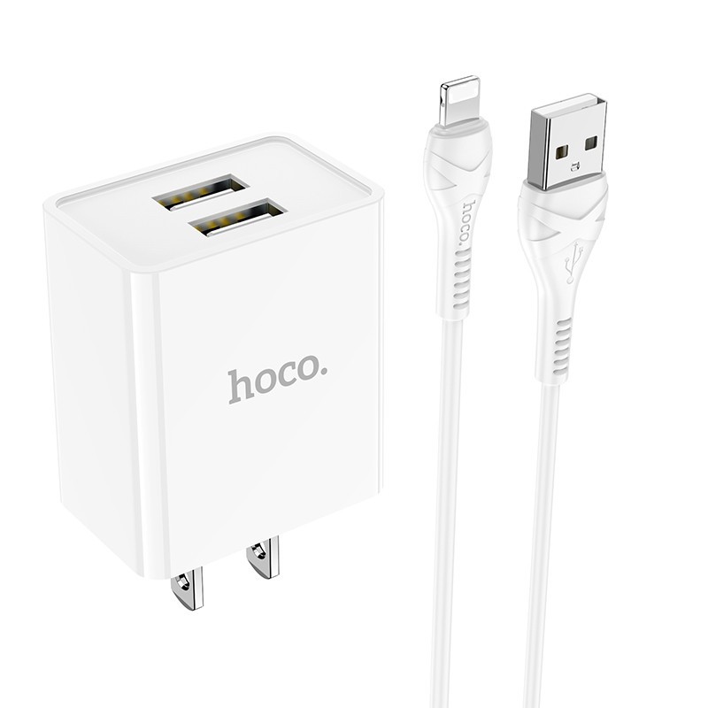 [Thoto Store] Bộ sạc nhanh HOCO C89 kèm cáp iPhone/ Micro/ Type-C, đầu ra 2 cổng USB dòng tối đa 2.1A - Hàng chính hãng