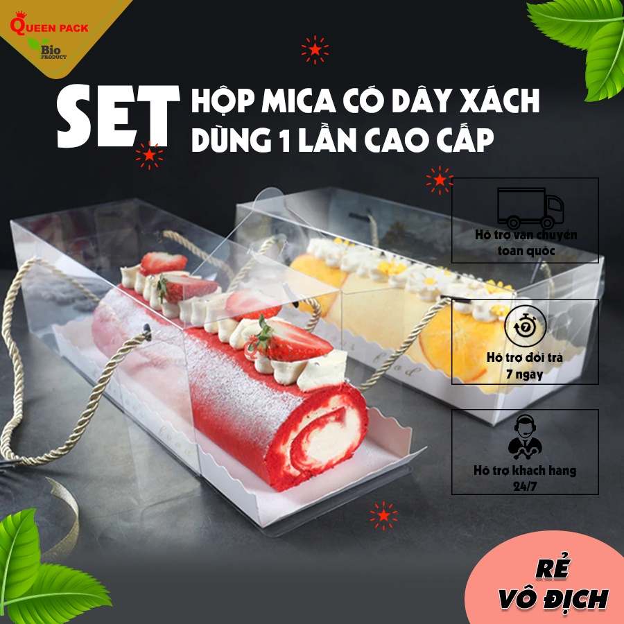 Hộp mica hình chữ nhật có dây xách cao cấp dùng đựng bánh kem,bánh sinh nhật