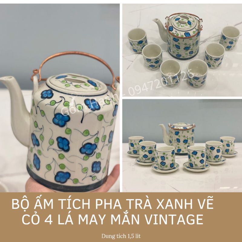 Bộ Ấm Tích Pha Trà Xanh Vẽ Cỏ 4 Lá May Mắn ♥️ Dung tích 1,5 lít - Gốm sứ Bát Tràng