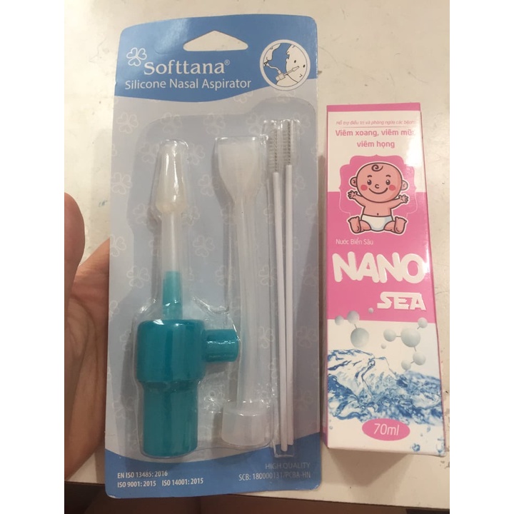 [Chính Hãng]  Combo bộ vệ sinh mũi cho bé (dụng cụ hút mũi + Nước biển sâu Nano bạc) ....