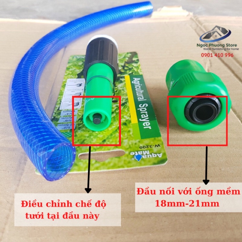 COMBO Vòi tưới cây 1 tia W3200 và Cút nối nhanh nối ống mềm 18mm-21mm W3180 AQUAMATE ĐÀI LOAN