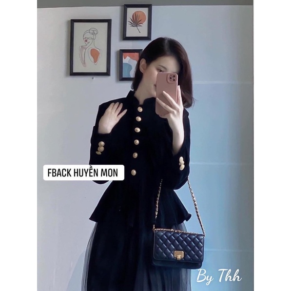 Áo Nhung Đen Khuy Đồng Phong Cách Tiểu Thư Sang Chảnh Hàng 2 lớp