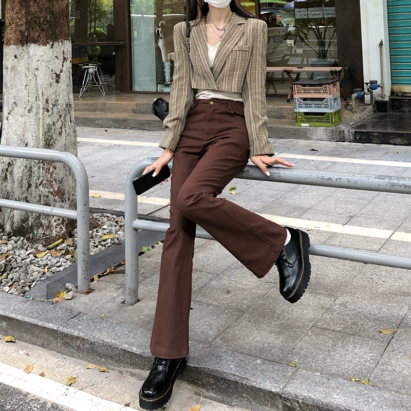 SUXI Quần jean nâu ống loe ôm dáng dễ phối đồ