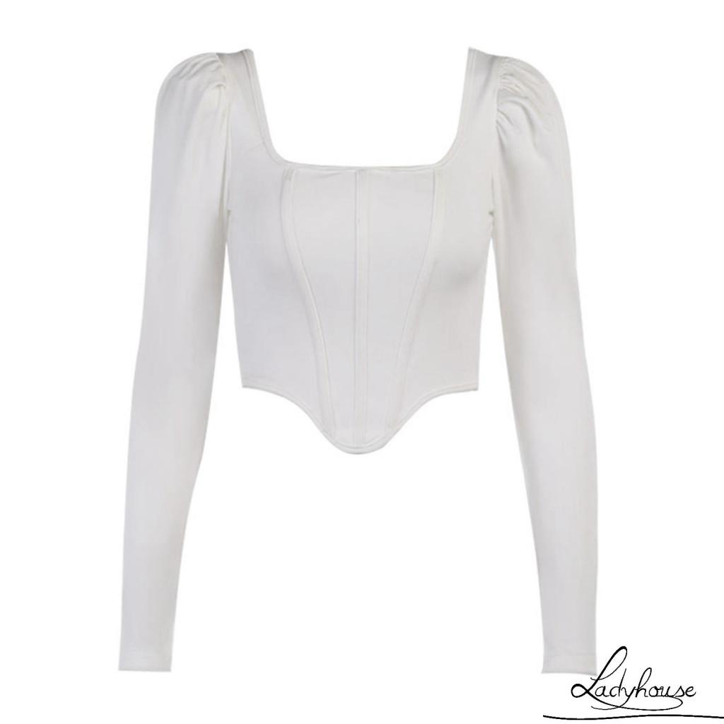 Áo Tay Dài Phồng Màu Trơn Dáng Ôm Thời Trang Cho Nữ