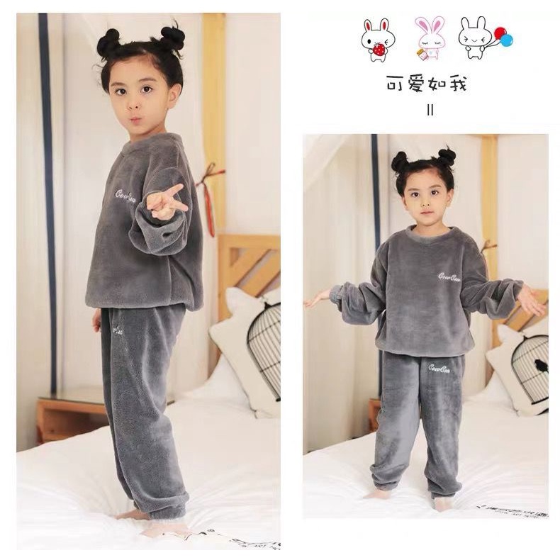 Thời trang thu đông mới cho bà mẹ và trẻ em Bộ đồ ngủ lông cừu san hô dài tay Hàn Quốc, quần đơn, và bộ đồ