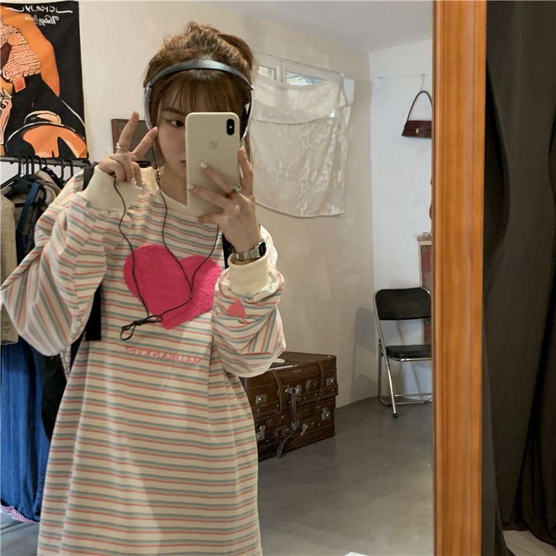 Áo Thun Tay Dài Cổ Tròn Kẻ Sọc Thêu Họa Tiết Thời Trang Hàn Quốc 2 Màu Tùy Chọn Cho Nữ | BigBuy360 - bigbuy360.vn