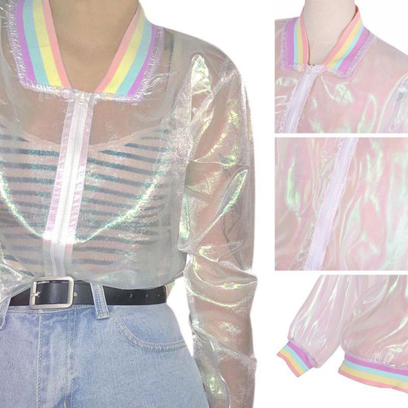 Áo khoác form lửng trong suốt phối cổ tay áo màu cầu vồng cá tính | BigBuy360 - bigbuy360.vn